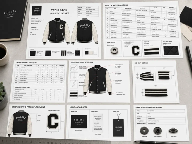 Varsity jacket clothing template displaying BOM, measurements, grading, trims and factory production details.