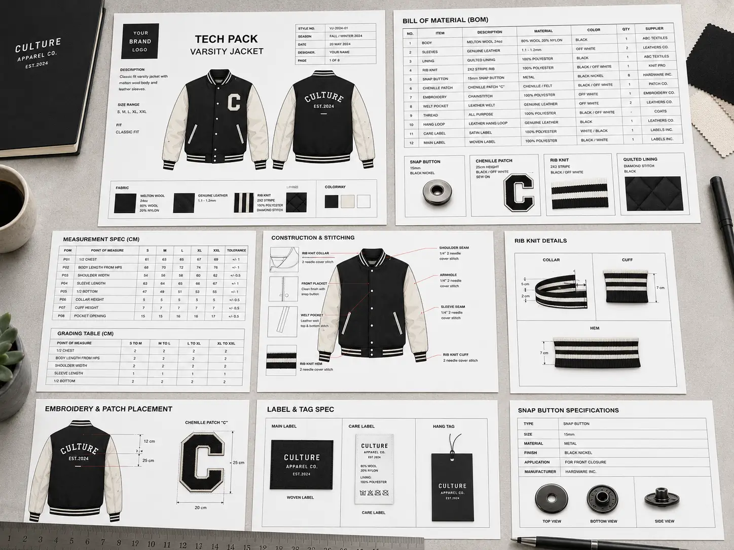Varsity jacket clothing template displaying BOM, measurements, grading, trims and factory production details.