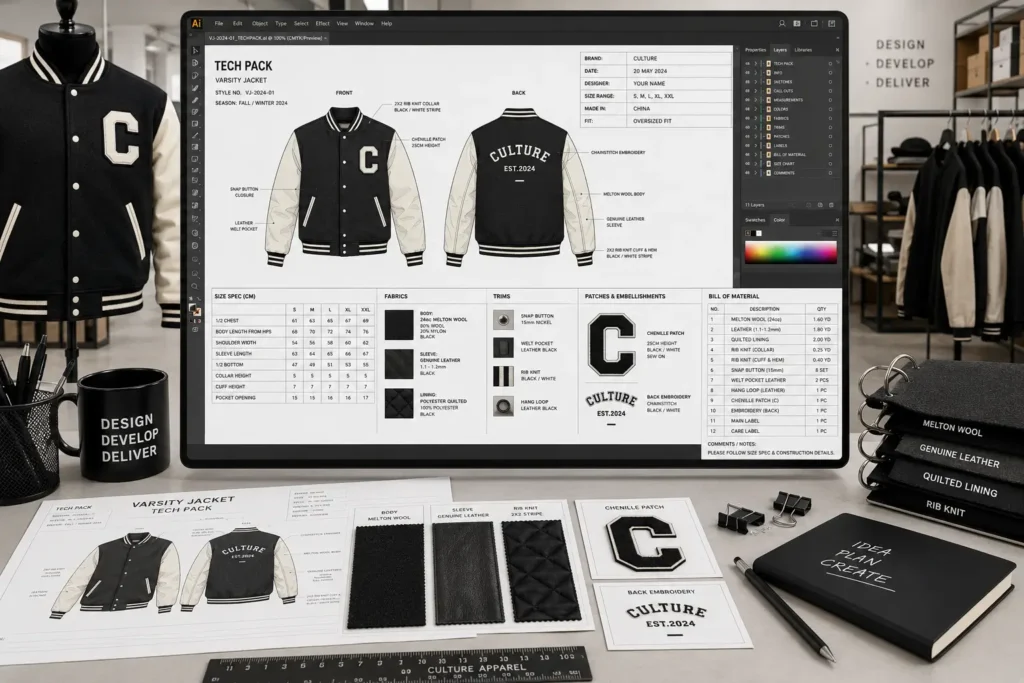 Professional varsity jacket tech pack showing letterman jacket manufacturing specs for factories.