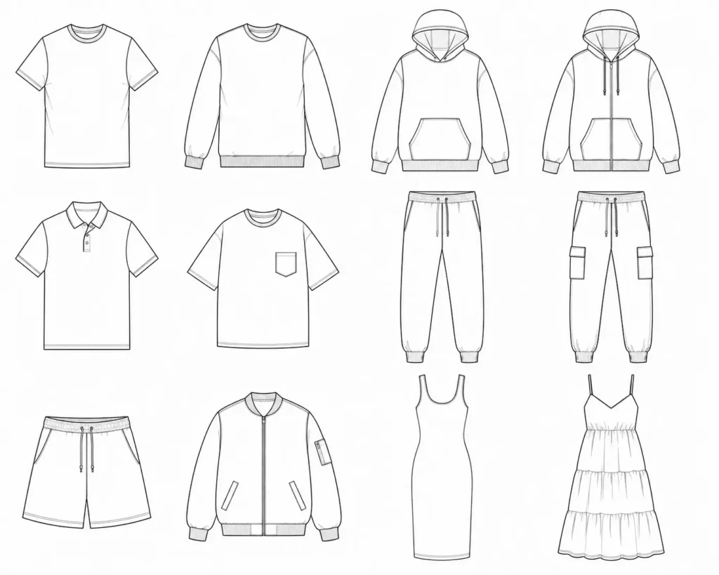 Preview of pre-made vector clothing mockups from the Vector Clothing Mockups Mega Bundle