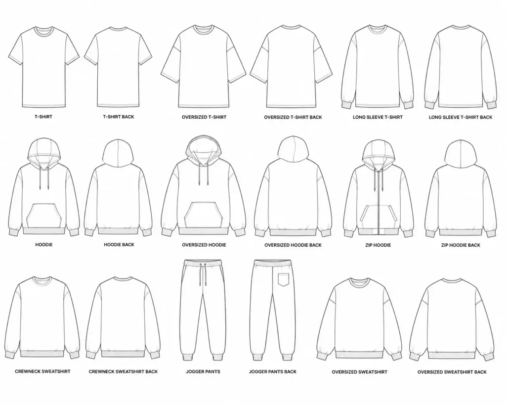 Vector clothing mockups mega bundle template grid with tees hoodies and joggers