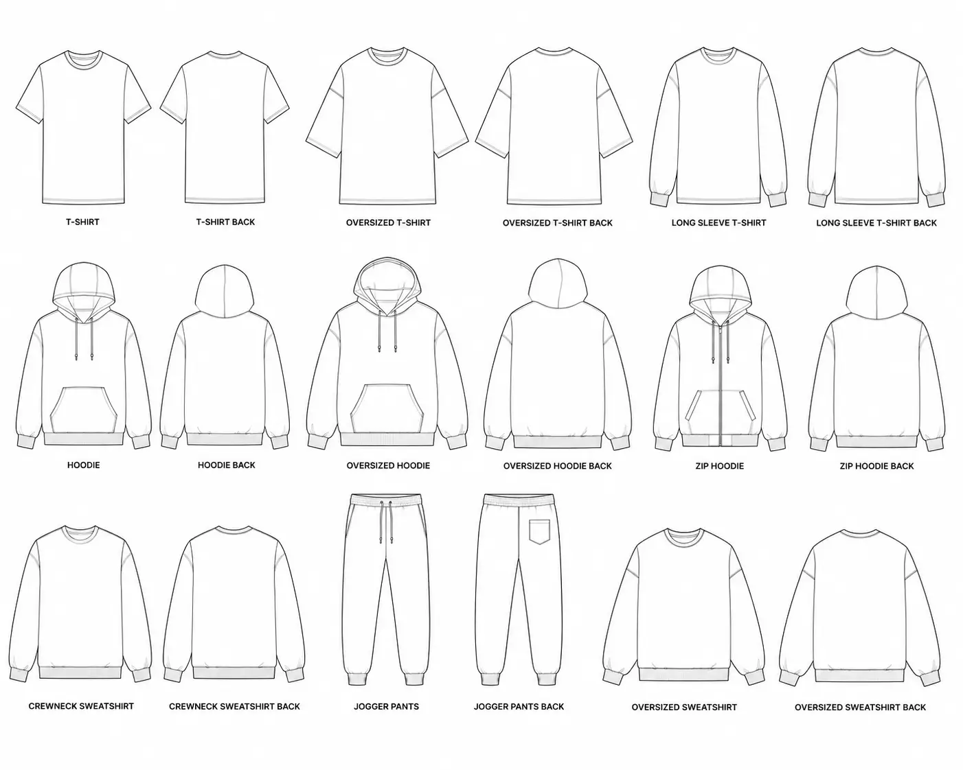 Vector clothing mockups mega bundle template grid with tees hoodies and joggers