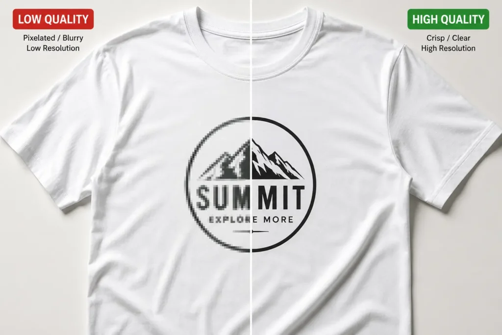 Vector clothing mockups vs pixelated raster print comparison on streetwear tee