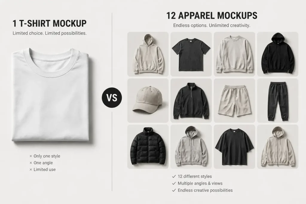 Clothing mockup bundle comparison of single mockups versus complete apparel bundle