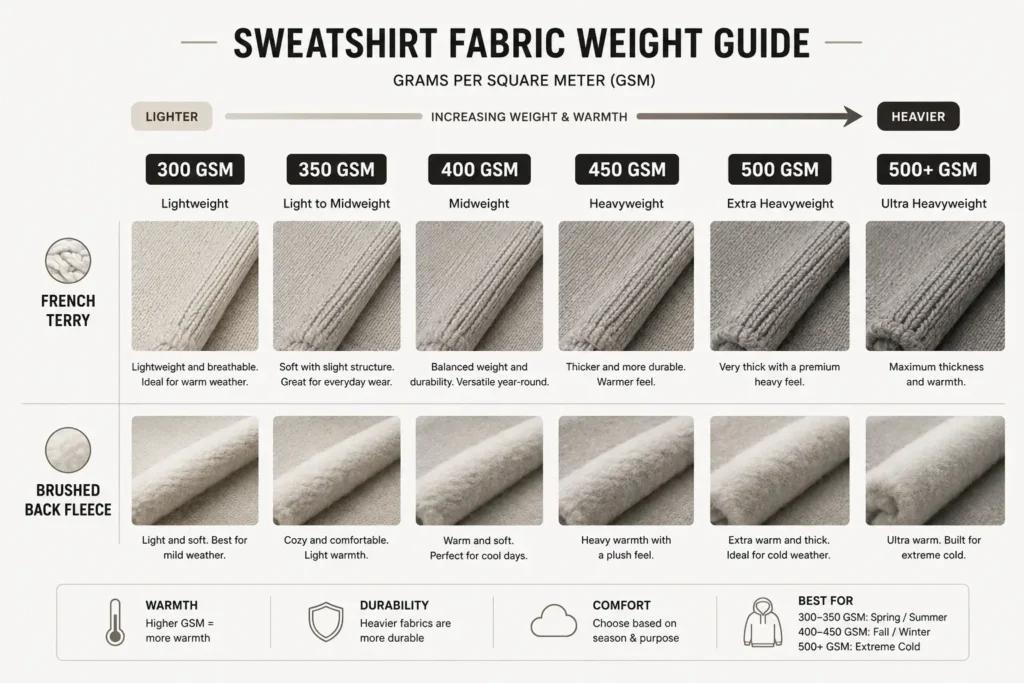 Sweatshirt GSM fabric weight chart comparing French terry and brushed fleece