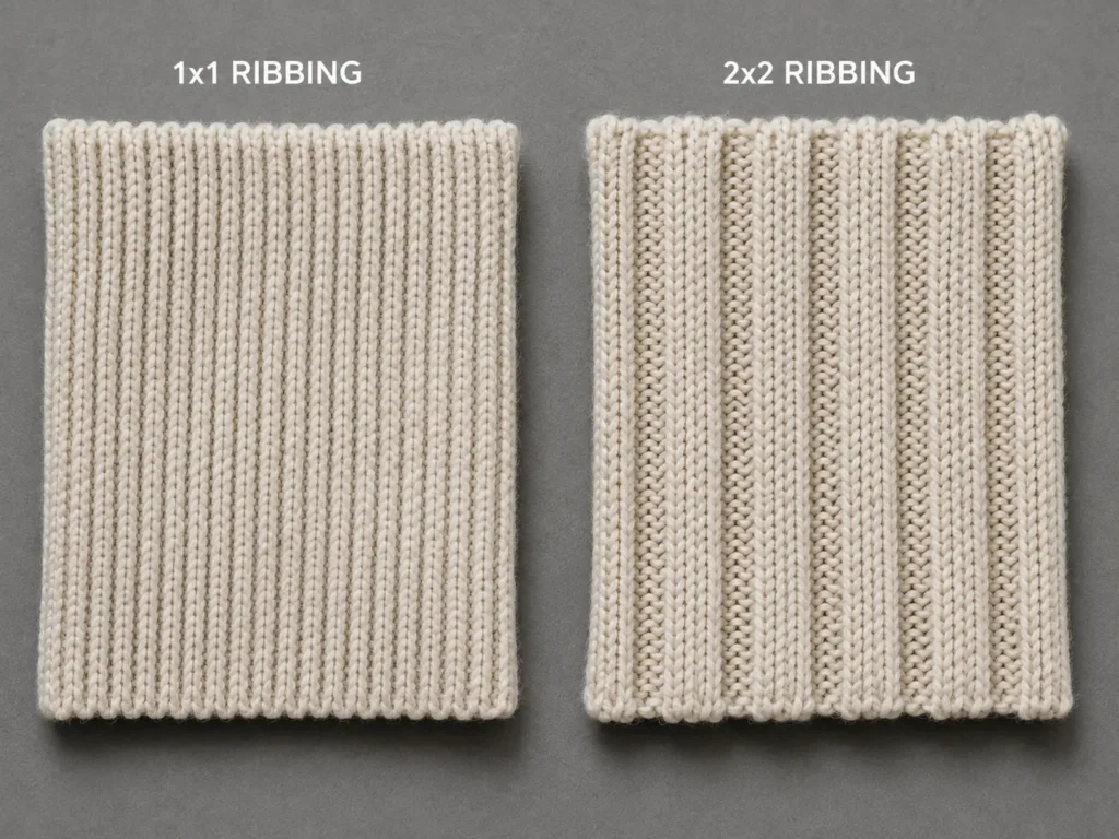 1x1 ribbing versus 2x2 ribbing comparison for crewneck sweater manufacturing specs