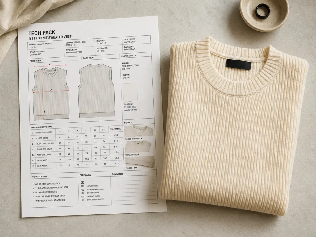 Finished streetwear knit sweater vest displayed next to its tech pack spec sheet