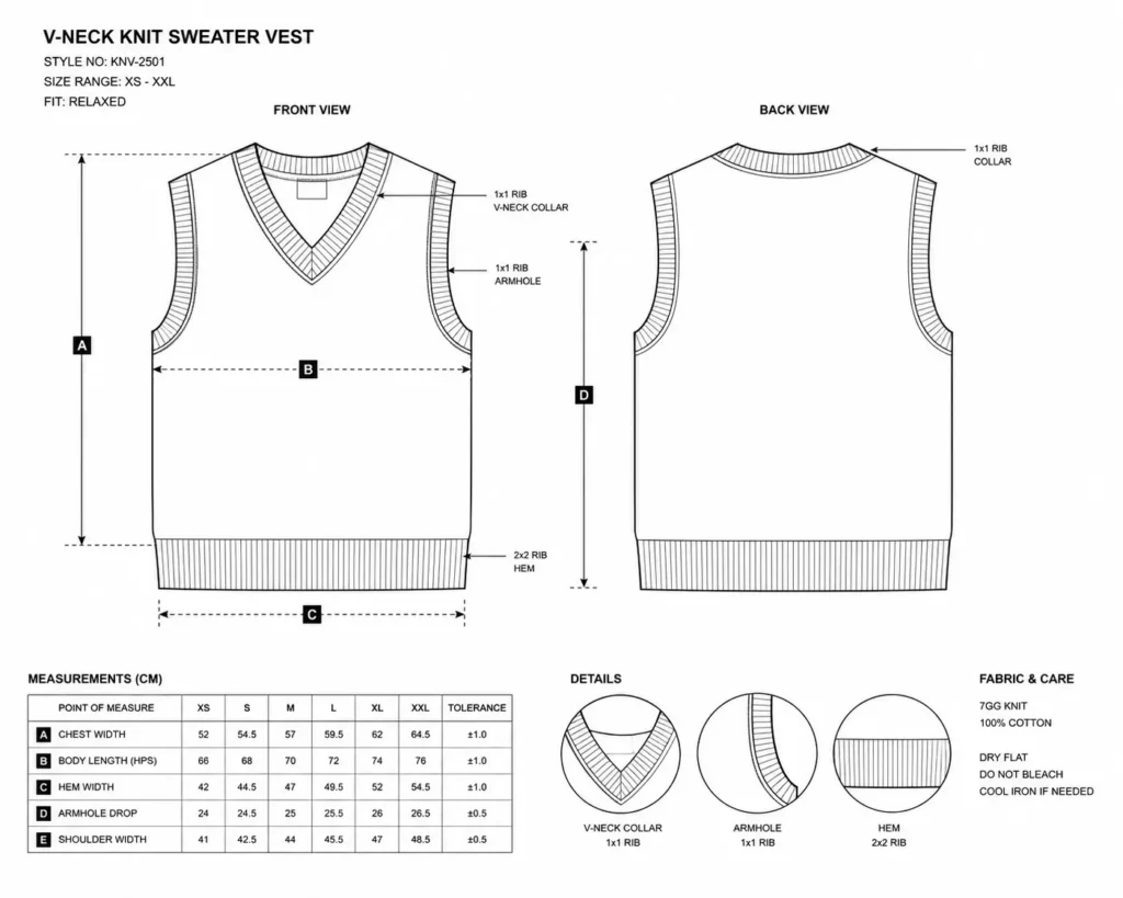 Vector flat sketches of a knit sweater vest showing front, back, and measurement callouts