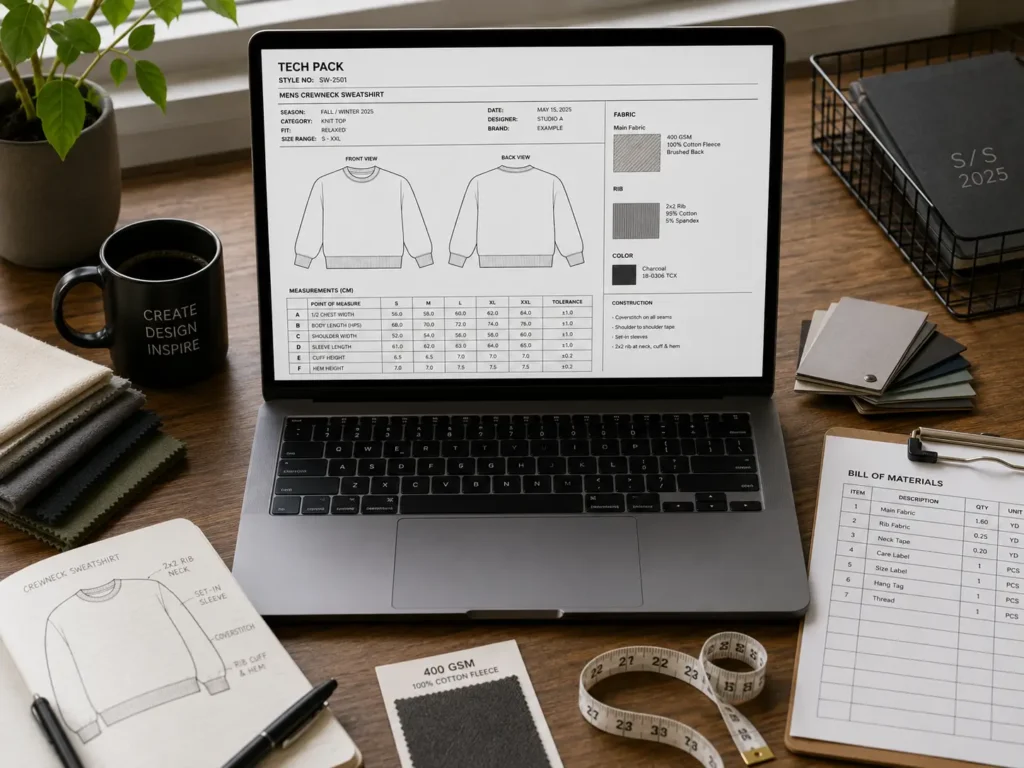 DIY spec sheet compared to a ready-made sweatshirt clothing production template