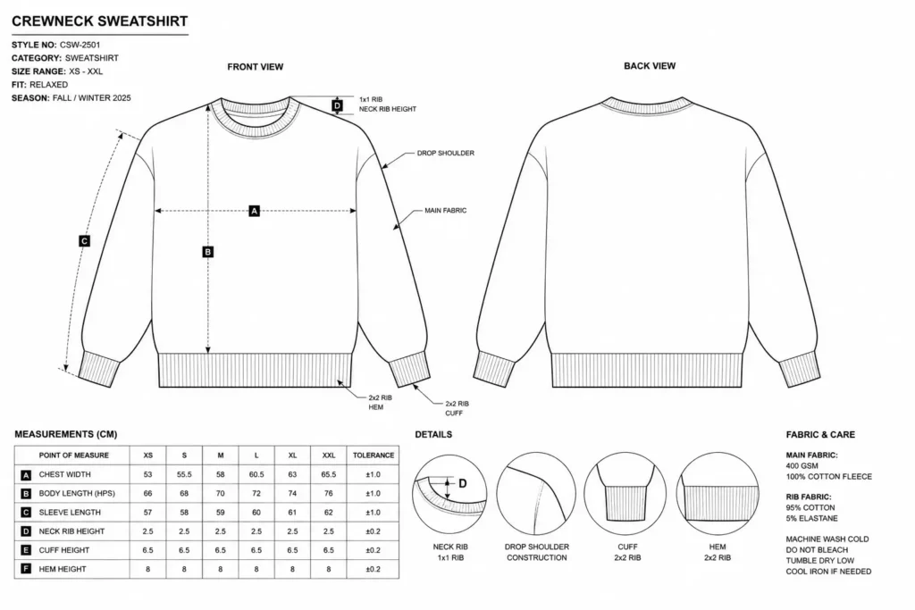 Sweatshirt tech pack template spec sheet showing crewneck flat sketch and measurement points