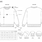 Sweatshirt tech pack template spec sheet showing crewneck flat sketch and measurement points