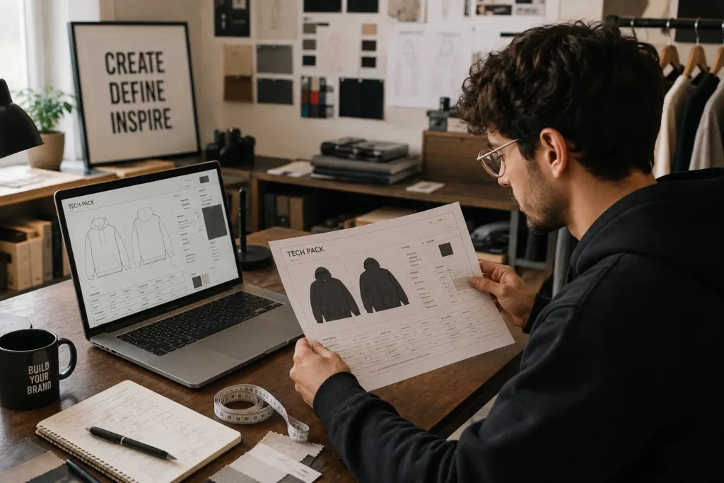 Founder using affordable clothing brand tools to review a tech pack in a home studio setup