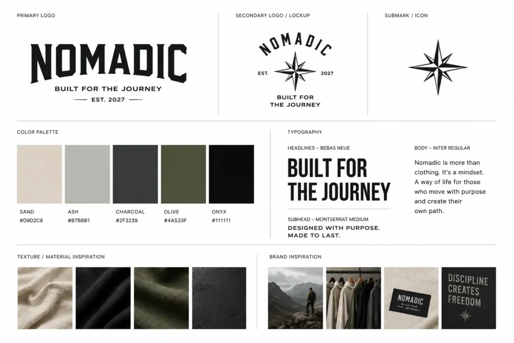 Apparel brand guidelines moodboard showing logo, color palette, and typography assets