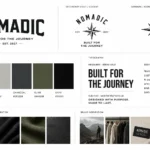 Apparel brand guidelines moodboard showing logo, color palette, and typography assets