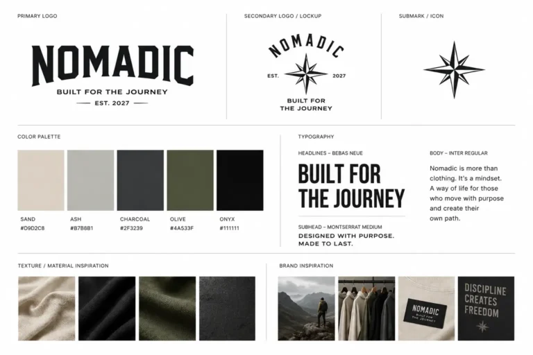 Apparel brand guidelines moodboard showing logo, color palette, and typography assets