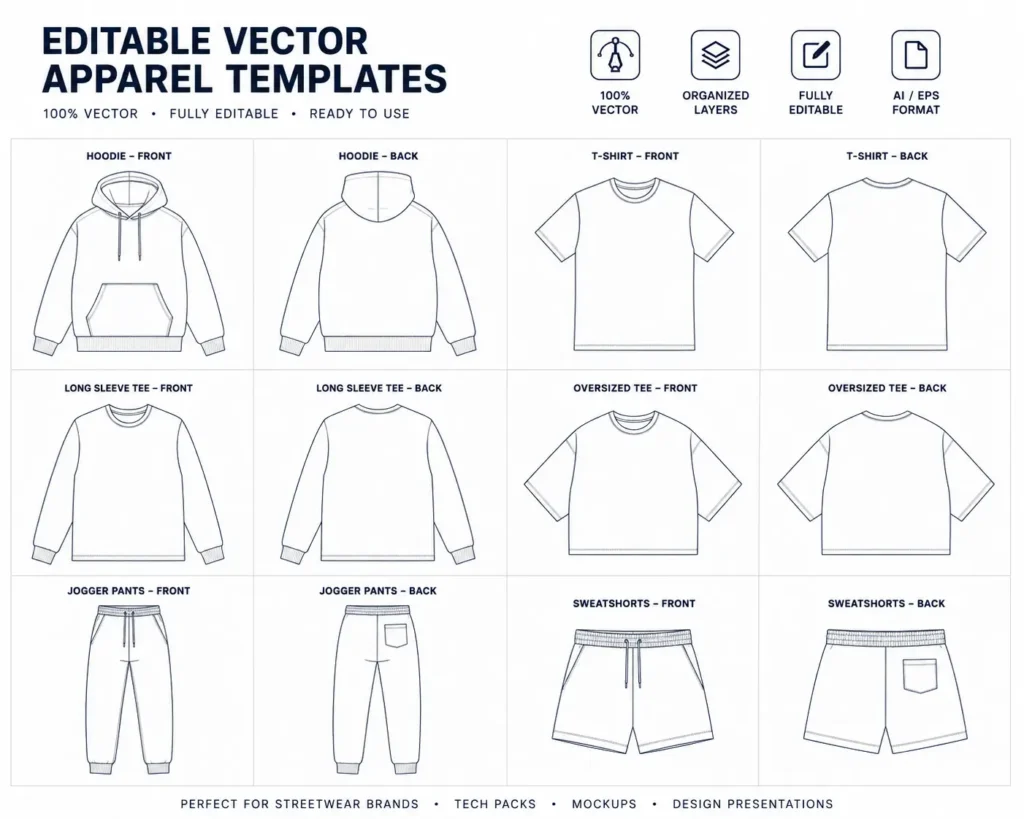Complete clothing brand design system vector library with hoodie, tee, and jogger templates