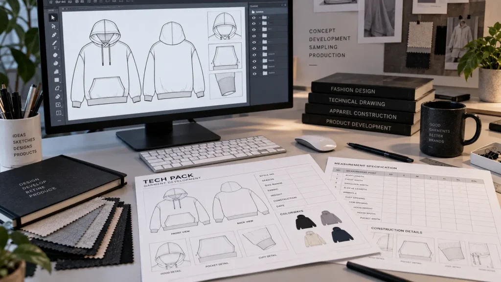 Designer workspace showing vector artwork alongside printed apparel tech pack pages
