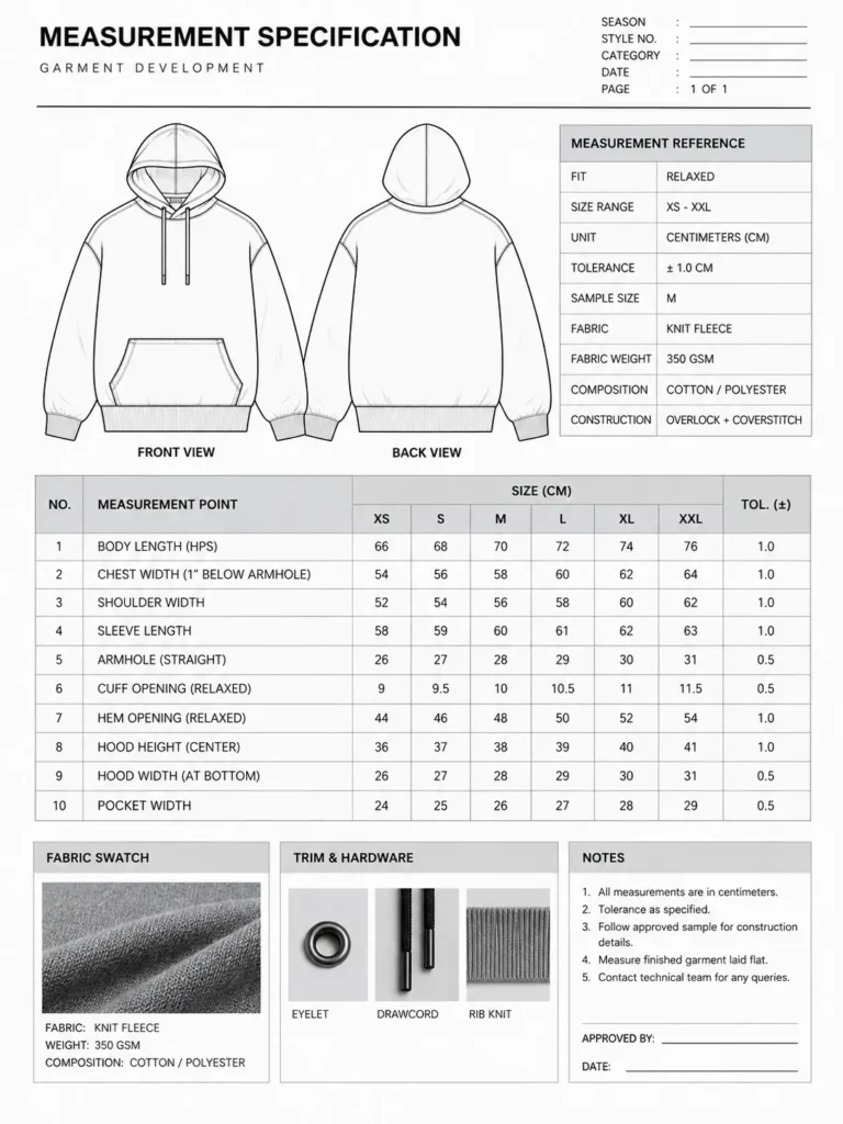 Example layout of a garment measurement specification sheet page