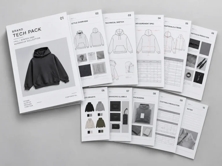 Multiple apparel tech pack pages arranged to show a structured page sequence