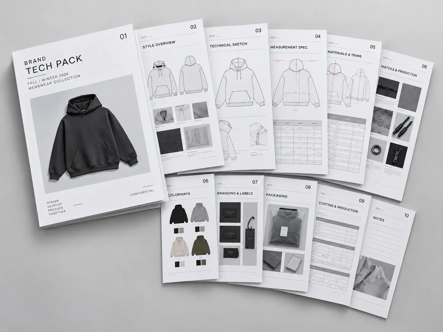 Multiple apparel tech pack pages arranged to show a structured page sequence
