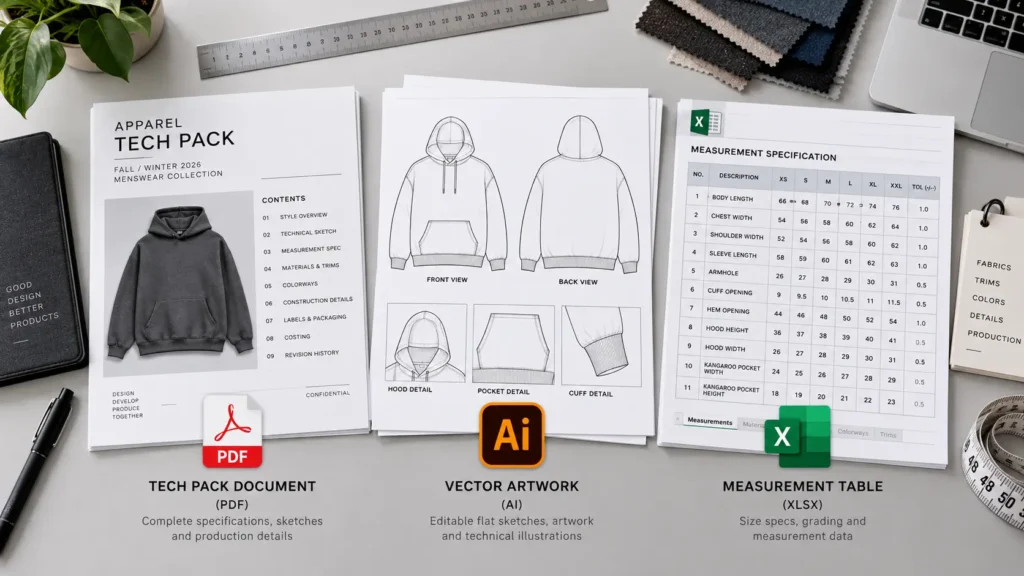 Visual representation of PDF, vector artwork, and spreadsheet formats used in a tech pack workflow