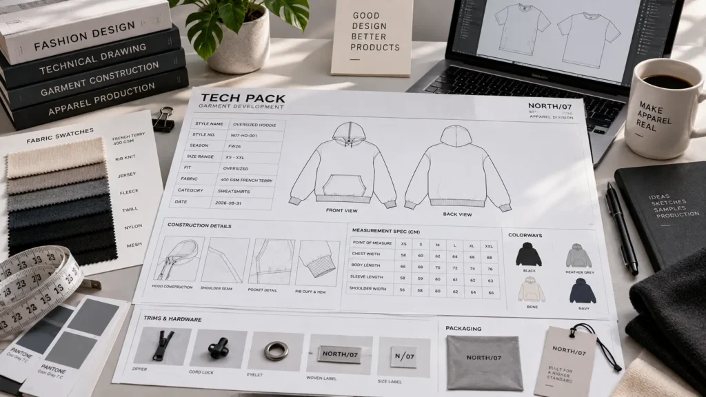 Apparel technical flats, specification pages, and production documents arranged in a structured tech pack layout