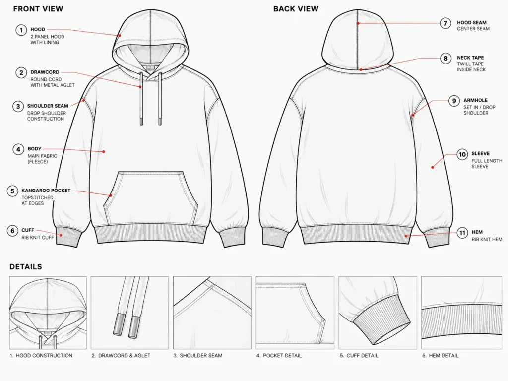 Garment technical flat sketch with numbered construction detail callouts